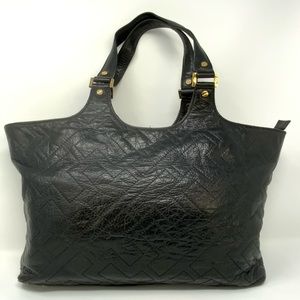 Tory Burch Black Leather Quilted Bombe Tote Stitch